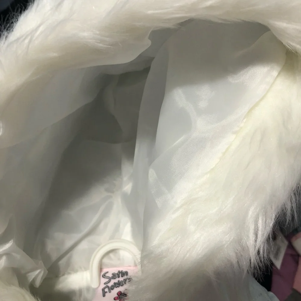 Satin flowers girls faux fur hooded white winter vest patent‎ closure heart sz 5
